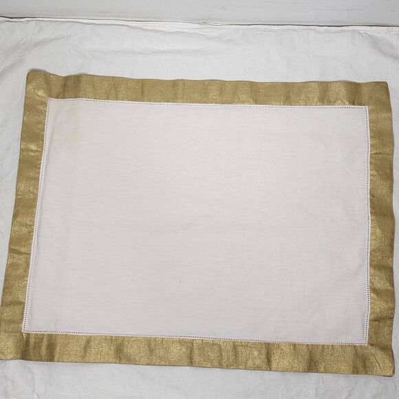 7 antique white linen placemats festive gold trim - Picture 3 of 10